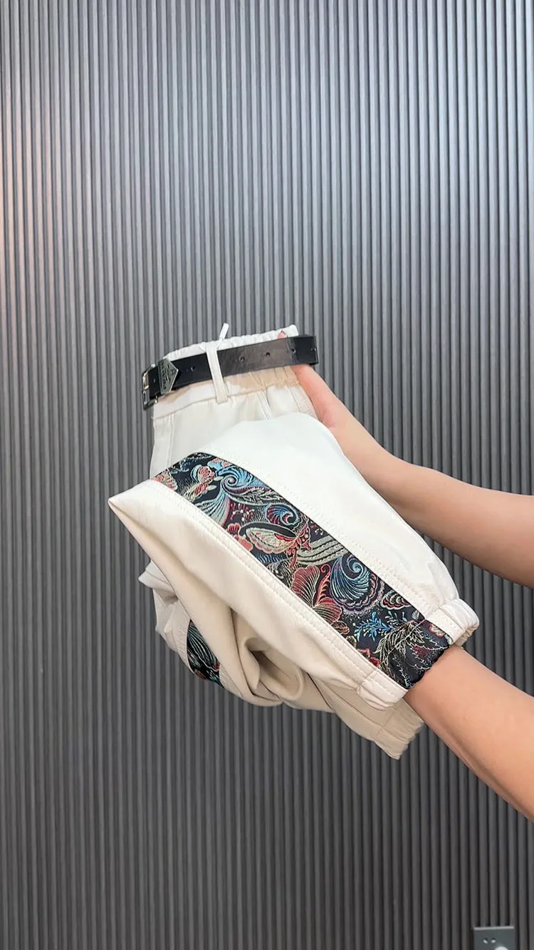 High waist leather pants for women autumn winter loose slim Chinese style spliced straight leg leg Pu leather casual pants