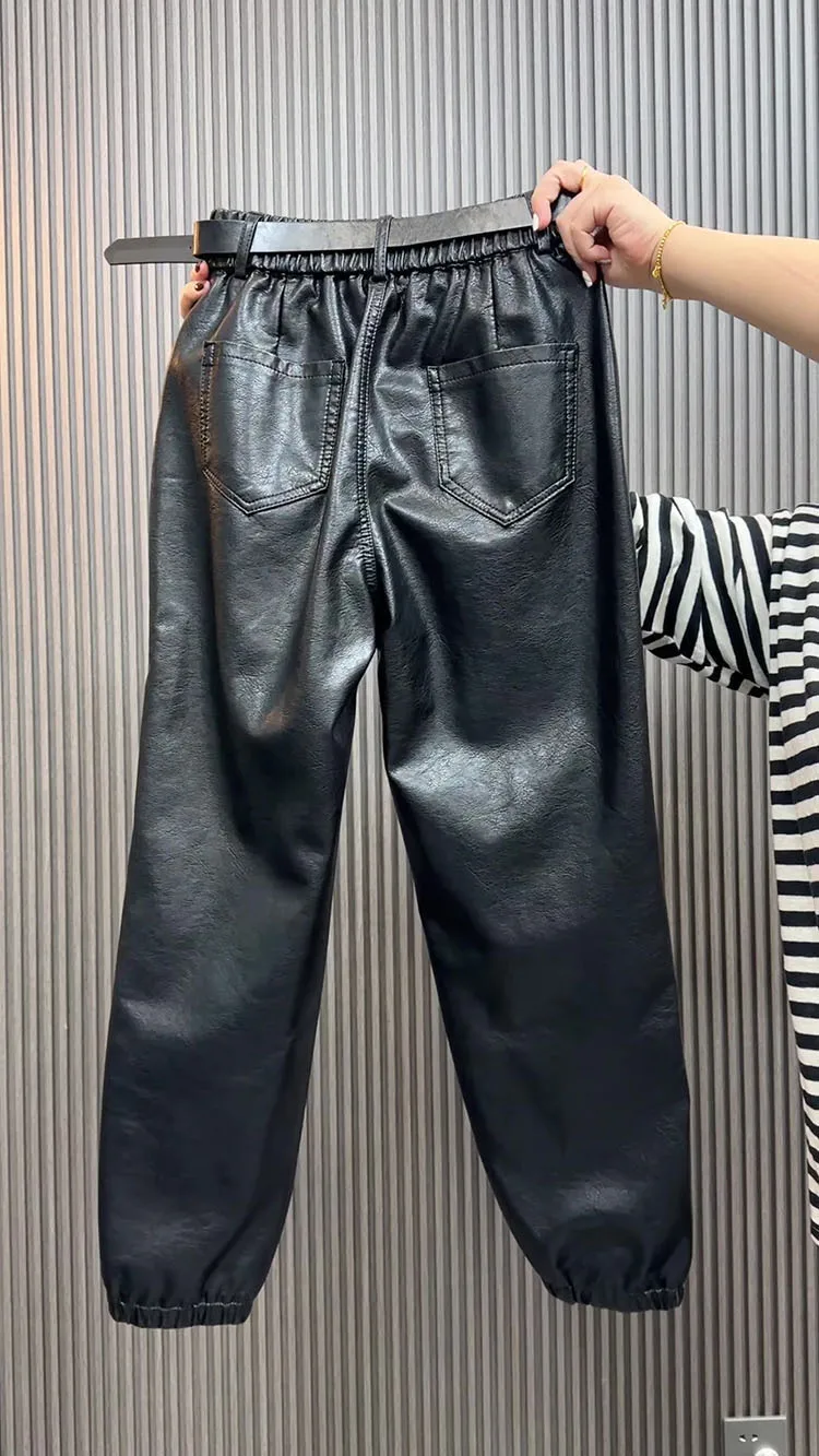 High waist leather pants for women autumn winter loose slim Chinese style spliced straight leg leg Pu leather casual pants