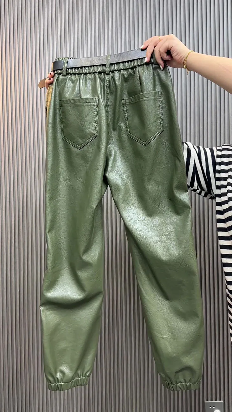 High waist leather pants for women autumn winter loose slim Chinese style spliced straight leg leg Pu leather casual pants