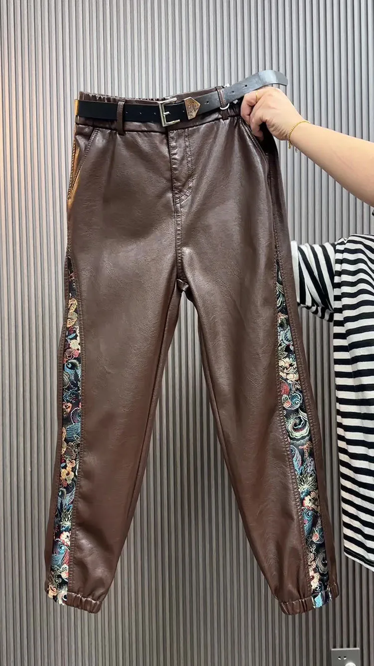 High waist leather pants for women autumn winter loose slim Chinese style spliced straight leg leg Pu leather casual pants