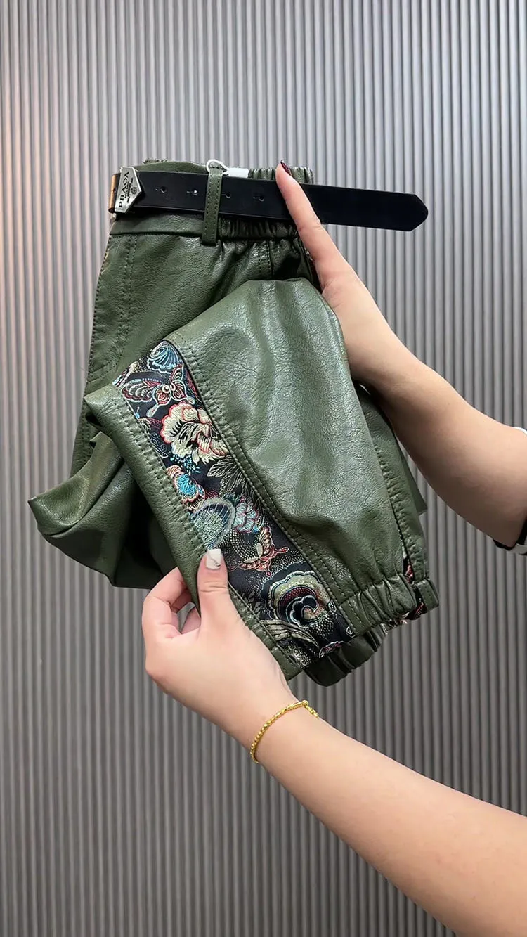 High waist leather pants for women autumn winter loose slim Chinese style spliced straight leg leg Pu leather casual pants