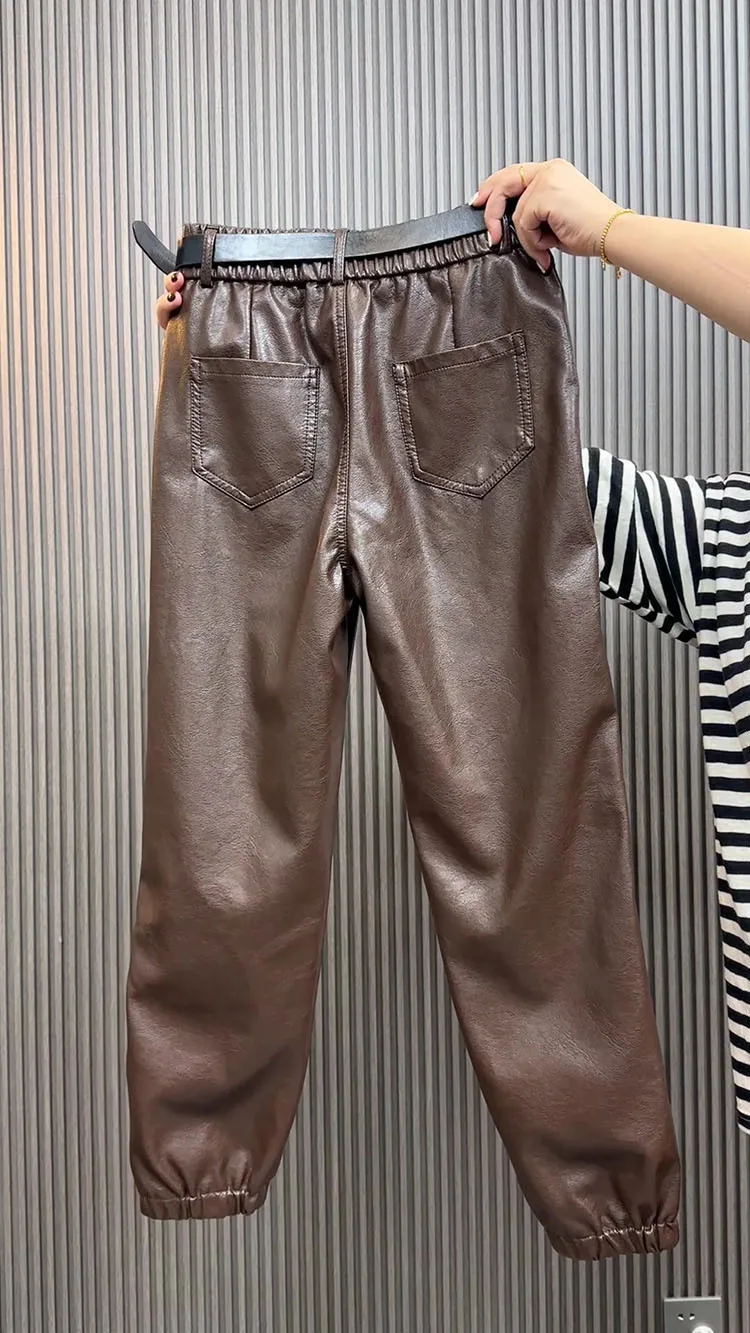 High waist leather pants for women autumn winter loose slim Chinese style spliced straight leg leg Pu leather casual pants