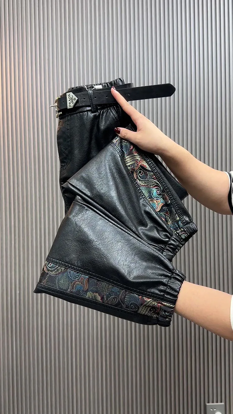 High waist leather pants for women autumn winter loose slim Chinese style spliced straight leg leg Pu leather casual pants