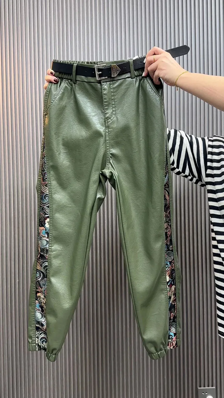 High waist leather pants for women autumn winter loose slim Chinese style spliced straight leg leg Pu leather casual pants