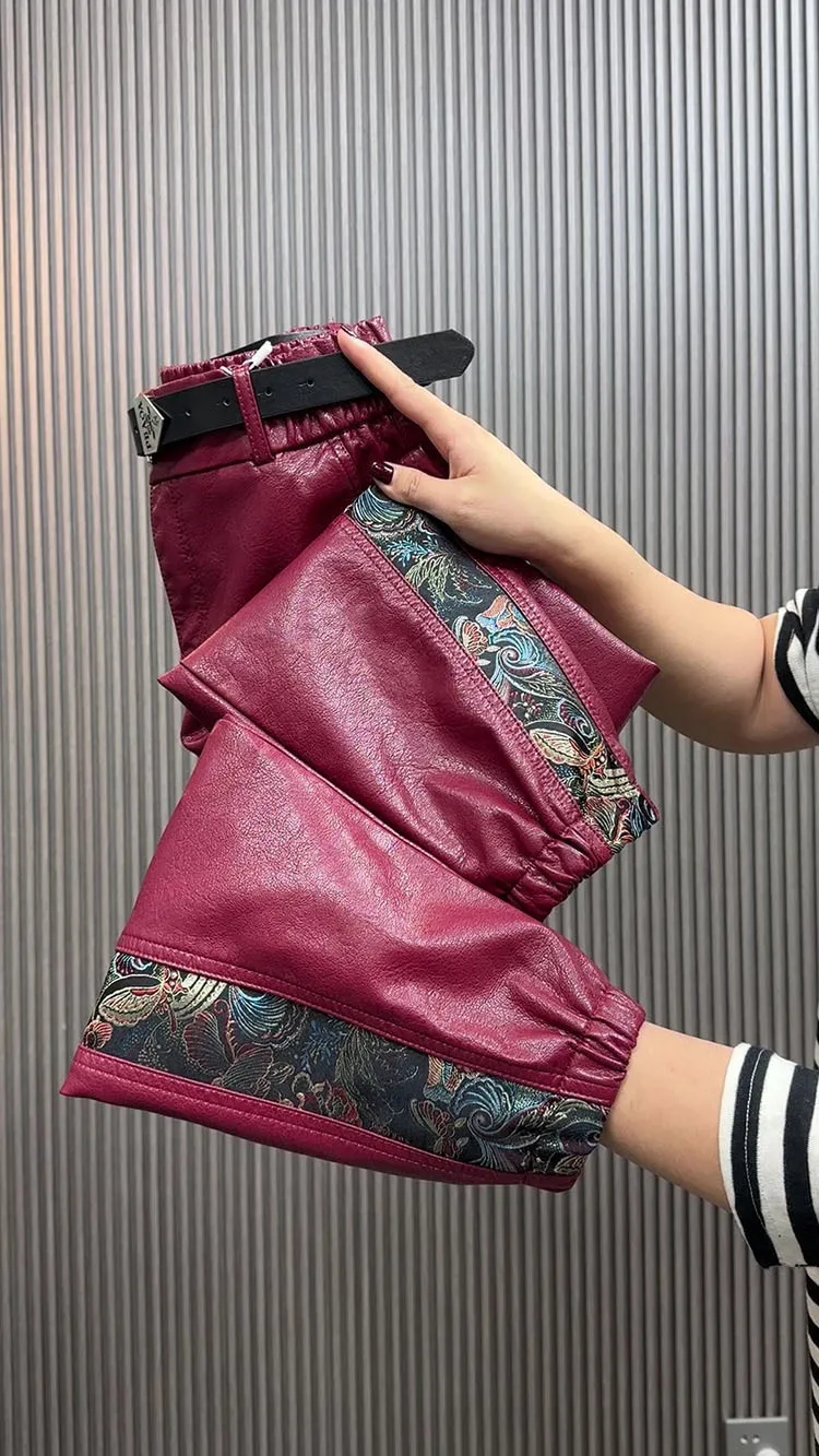 High waist leather pants for women autumn winter loose slim Chinese style spliced straight leg leg Pu leather casual pants