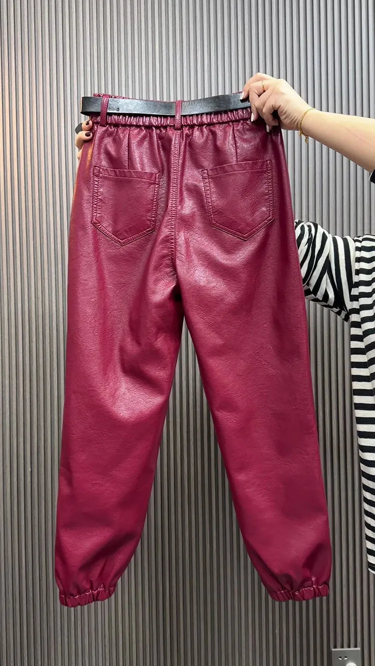 High waist leather pants for women autumn winter loose slim Chinese style spliced straight leg leg Pu leather casual pants