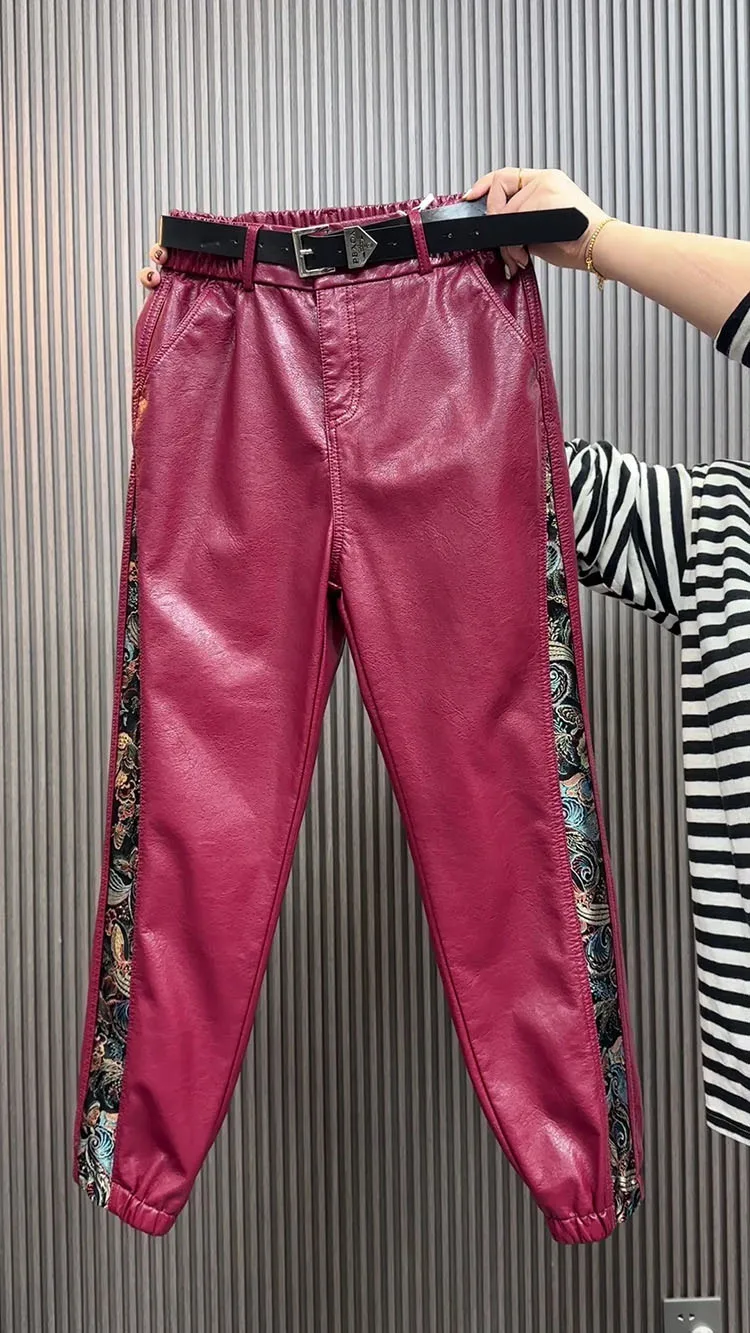 High waist leather pants for women autumn winter loose slim Chinese style spliced straight leg leg Pu leather casual pants