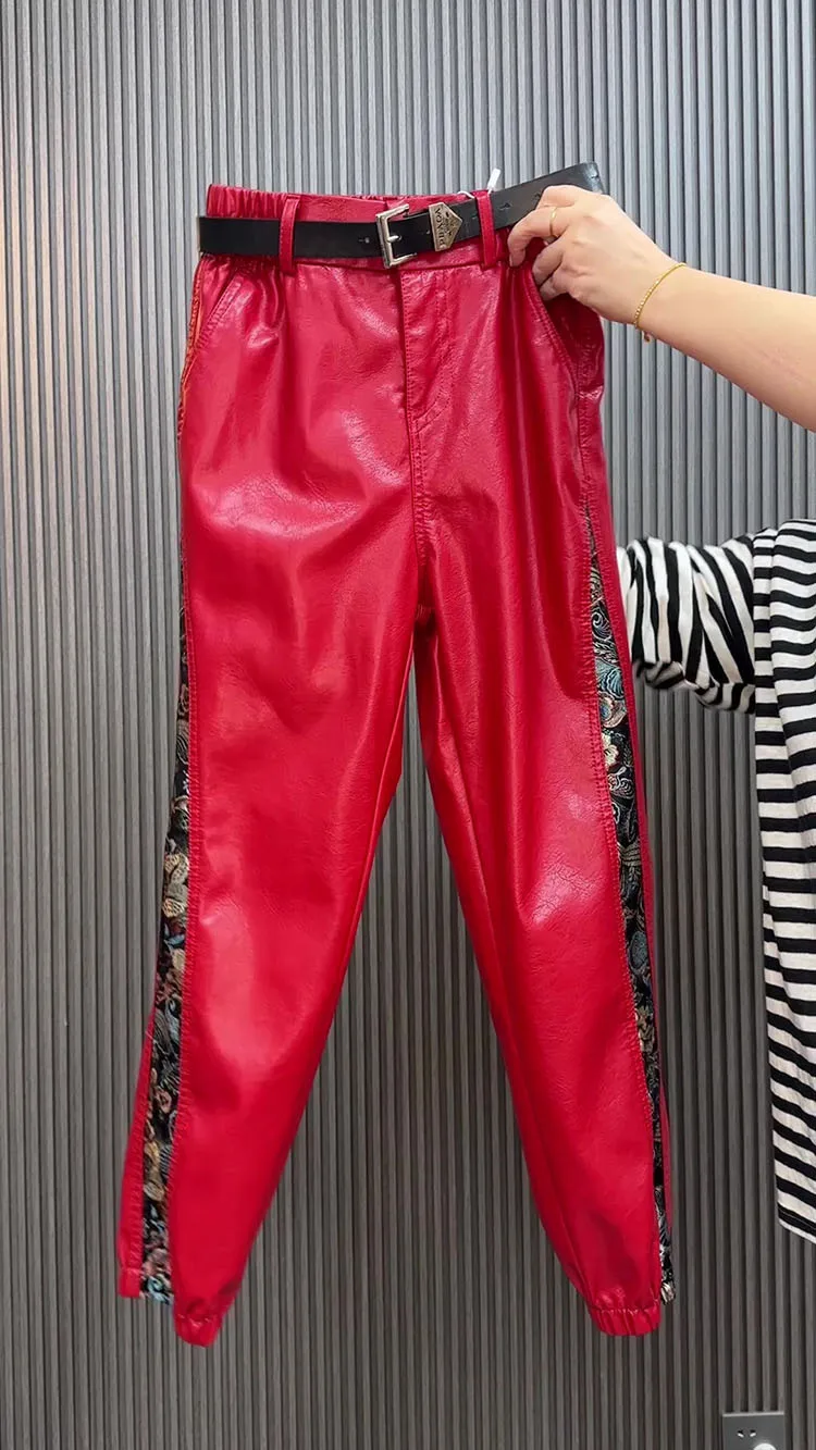 High waist leather pants for women autumn winter loose slim Chinese style spliced straight leg leg Pu leather casual pants