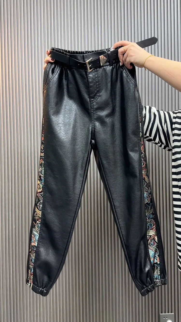 High waist leather pants for women autumn winter loose slim Chinese style spliced straight leg leg Pu leather casual pants