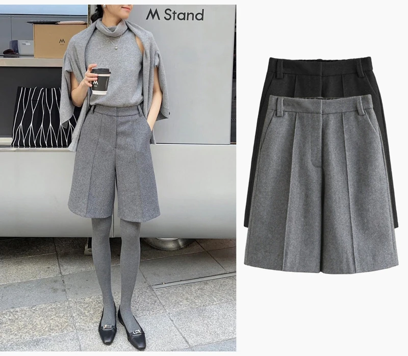 MiuKoMiYa Woolen Straight Shorts For Women Thick Warm Office Wear Ladies Black Wool Bermuda Shorts Women Winter Cropped Pants