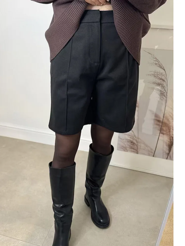 MiuKoMiYa Woolen Straight Shorts For Women Thick Warm Office Wear Ladies Black Wool Bermuda Shorts Women Winter Cropped Pants