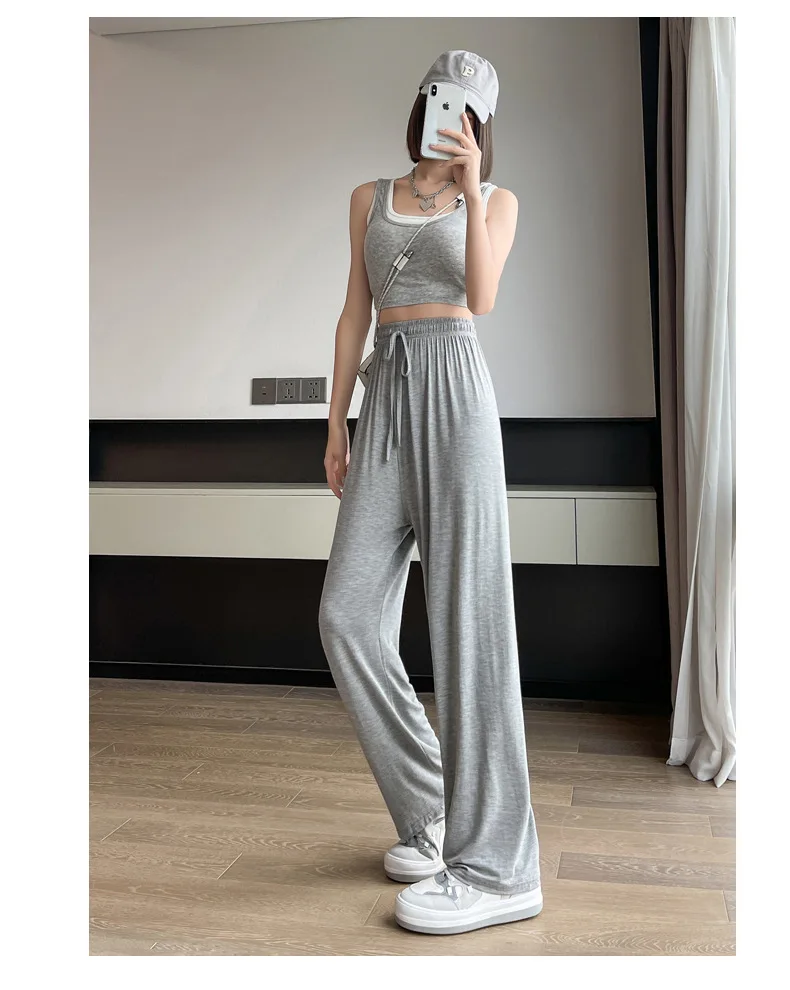 BIVIGAOS Women Summer Gray Ultra-Thin Modal Wide Leg Pants Elastic Loose Casual High Waist Dance Pants Home Sunscreen Pants