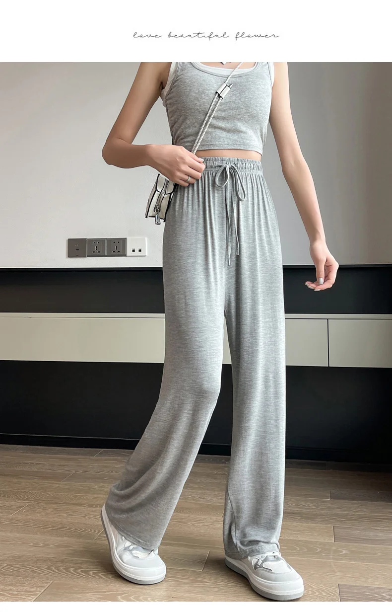 BIVIGAOS Women Summer Gray Ultra-Thin Modal Wide Leg Pants Elastic Loose Casual High Waist Dance Pants Home Sunscreen Pants