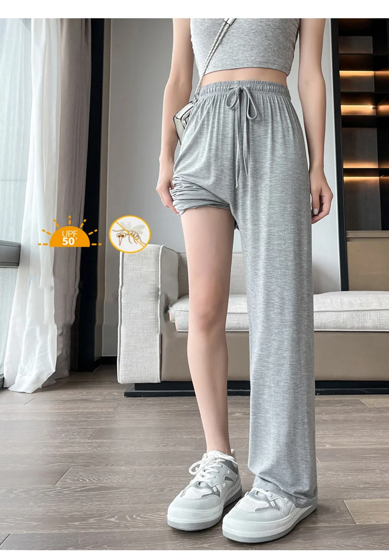 BIVIGAOS Women Summer Gray Ultra-Thin Modal Wide Leg Pants Elastic Loose Casual High Waist Dance Pants Home Sunscreen Pants