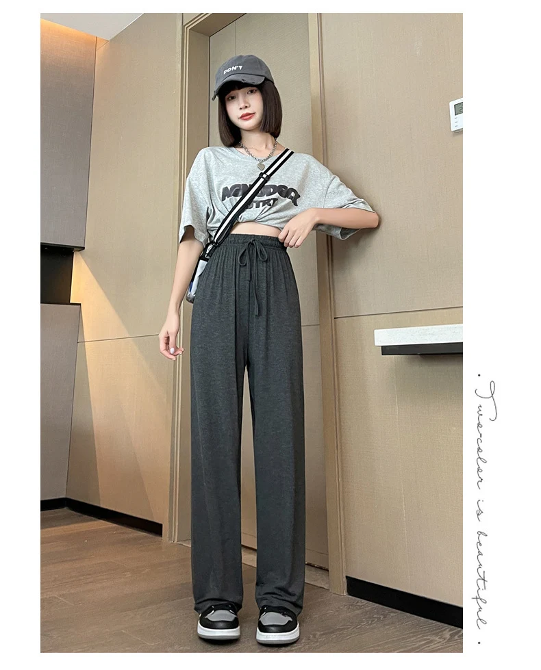 BIVIGAOS Women Summer Gray Ultra-Thin Modal Wide Leg Pants Elastic Loose Casual High Waist Dance Pants Home Sunscreen Pants