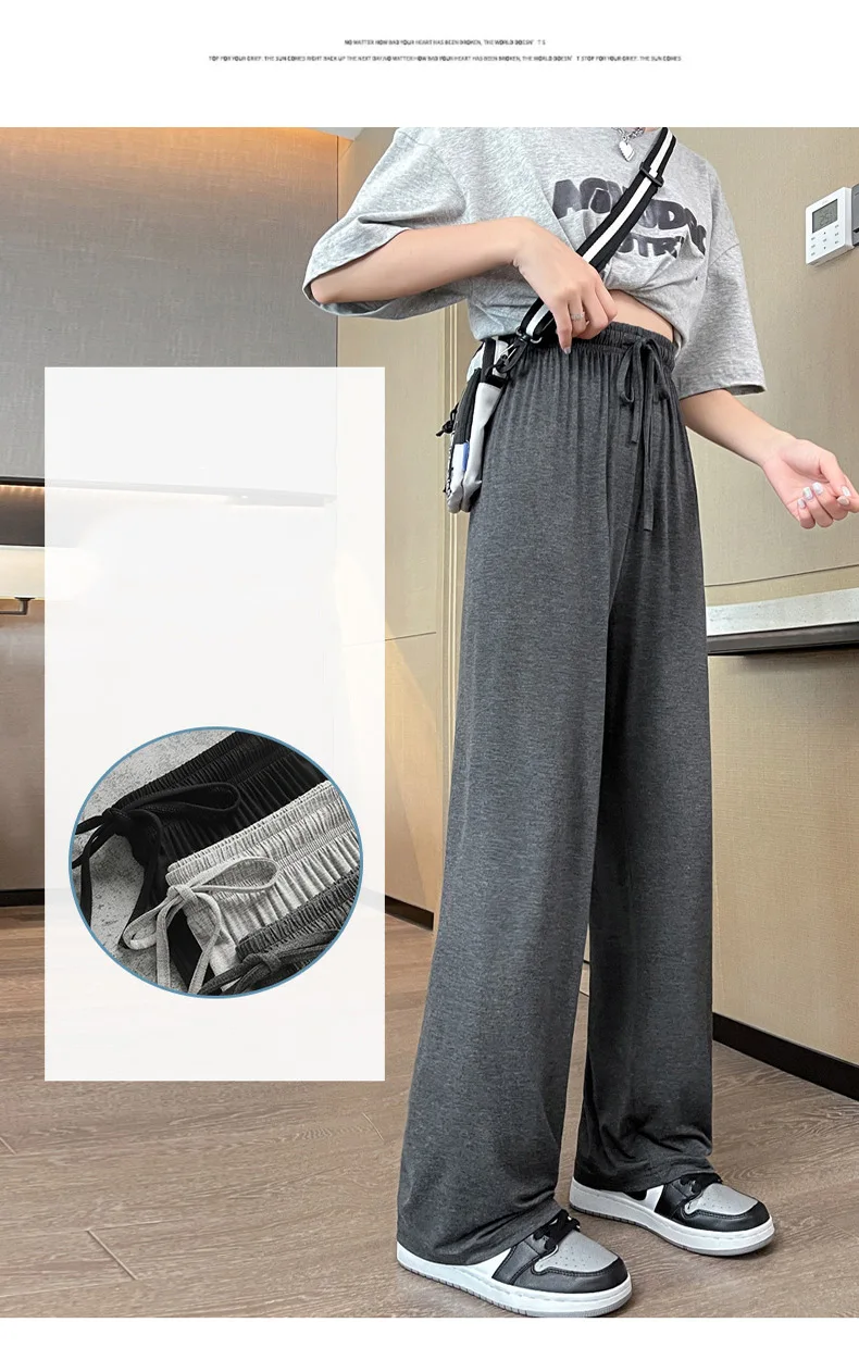 BIVIGAOS Women Summer Gray Ultra-Thin Modal Wide Leg Pants Elastic Loose Casual High Waist Dance Pants Home Sunscreen Pants