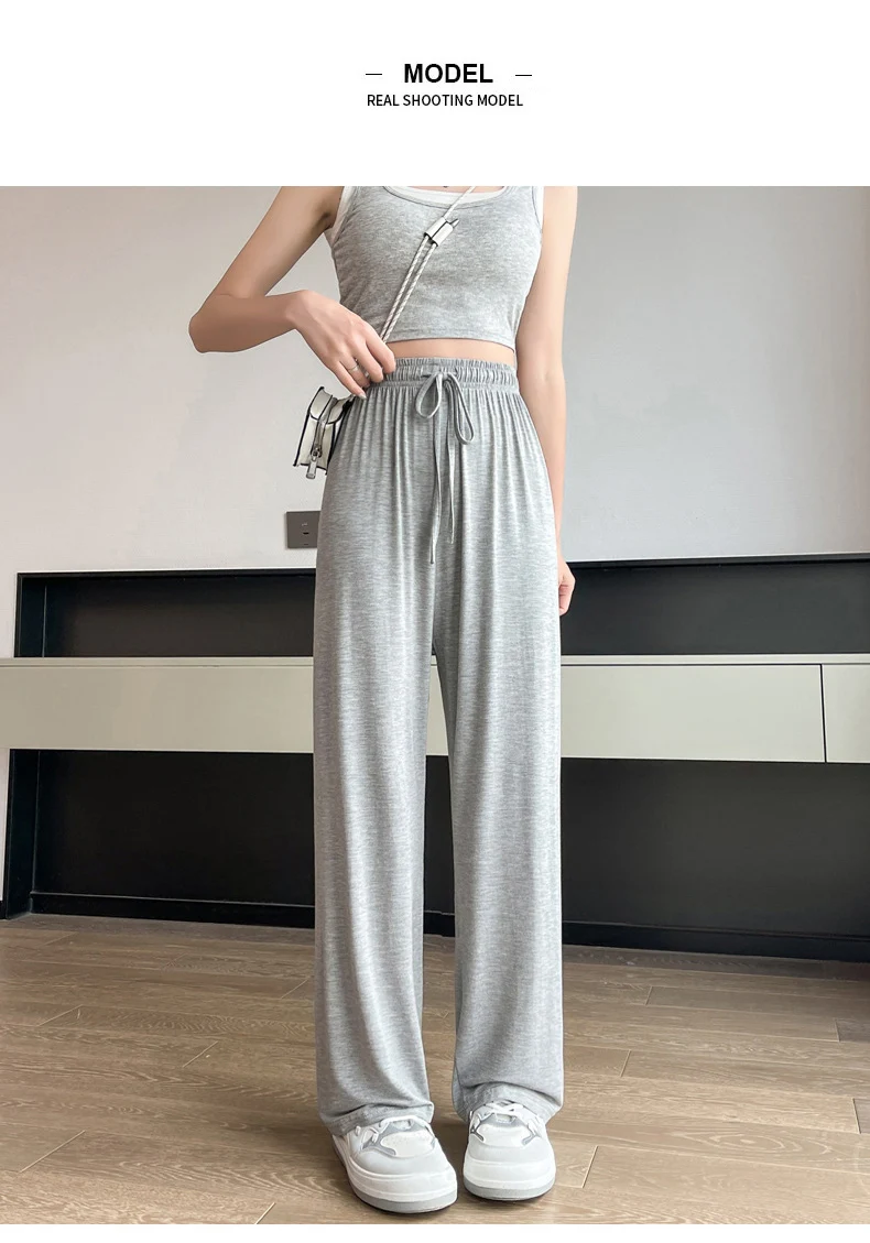 BIVIGAOS Women Summer Gray Ultra-Thin Modal Wide Leg Pants Elastic Loose Casual High Waist Dance Pants Home Sunscreen Pants