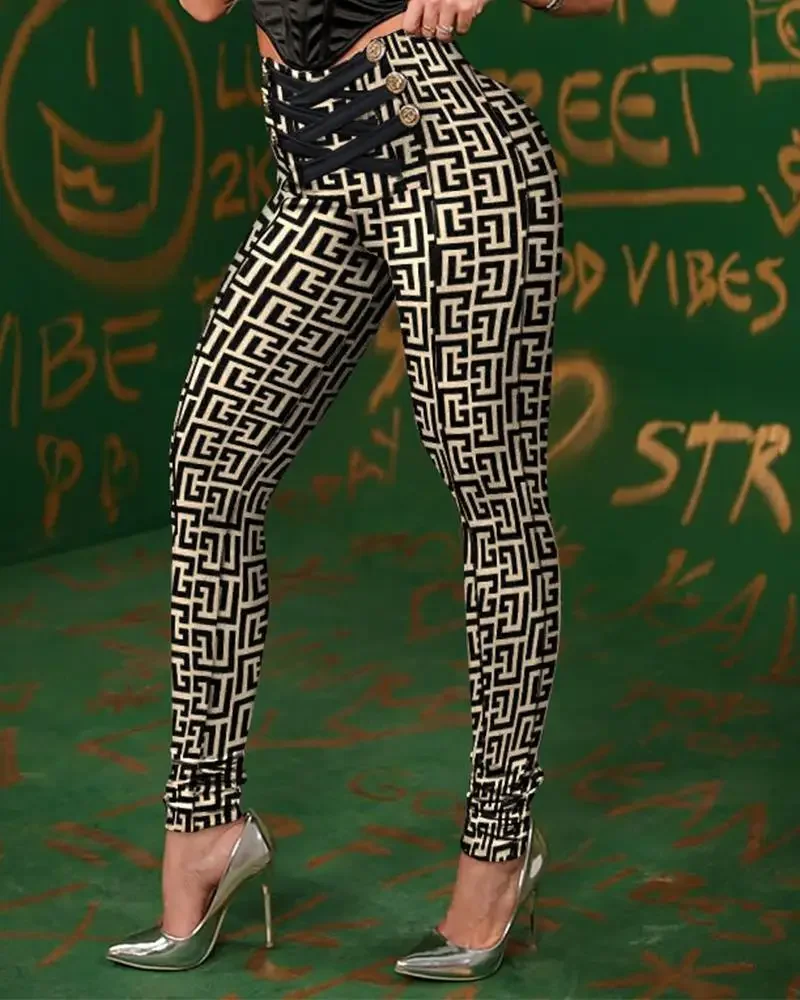 Women's High-Waist Button Detail Criss-Cross Pencil Pants Geometric Print Butt-Lifting Skinny Trousers for Spring & Autumn Pant