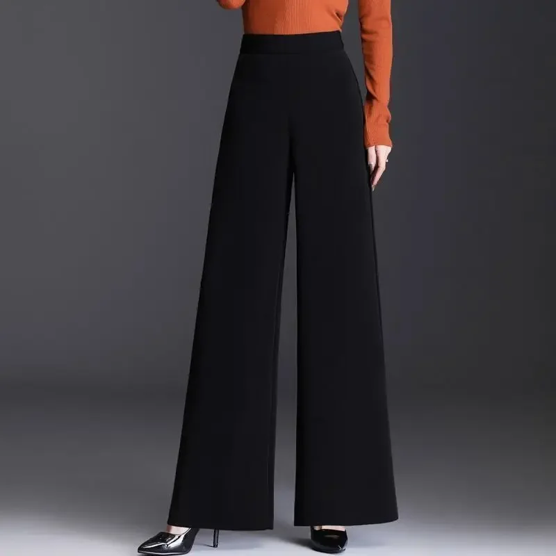 2025 New Elegant Wide Leg Red Pants Women Casual High Waist Elastic Solid Korean OL Fashion Straight Trousers Black Outfits