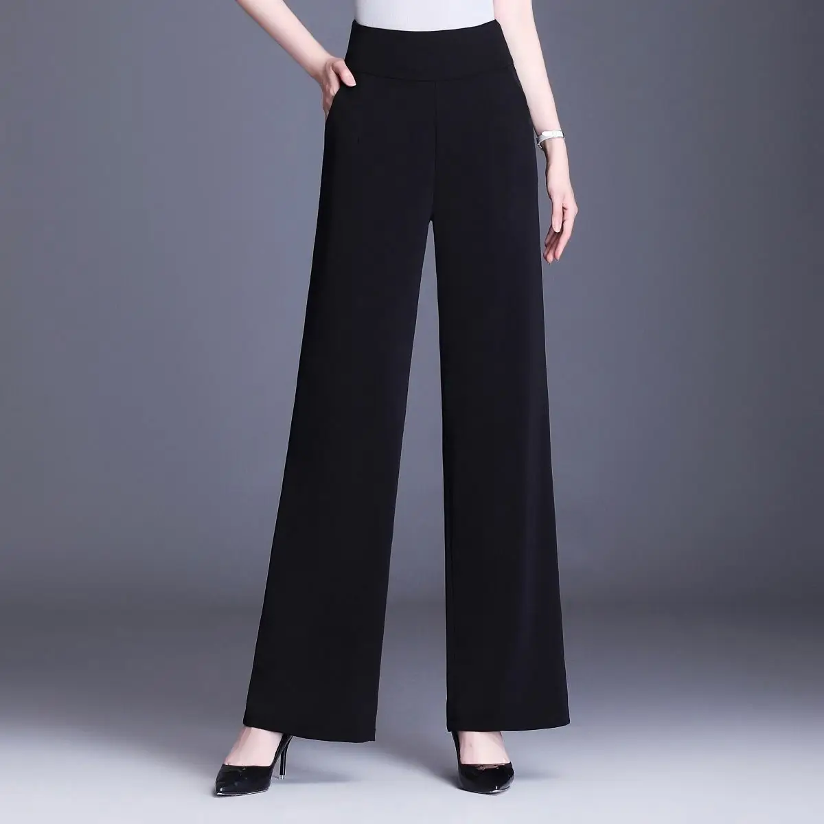 2025 New Elegant Wide Leg Red Pants Women Casual High Waist Elastic Solid Korean OL Fashion Straight Trousers Black Outfits