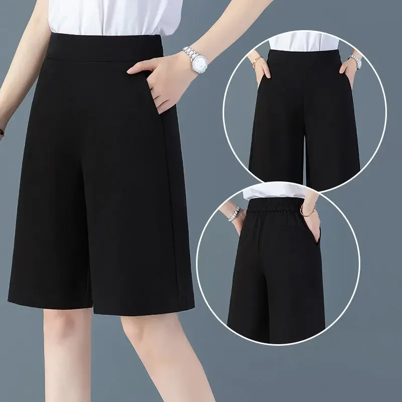 2025 New Elegant Wide Leg Red Pants Women Casual High Waist Elastic Solid Korean OL Fashion Straight Trousers Black Outfits