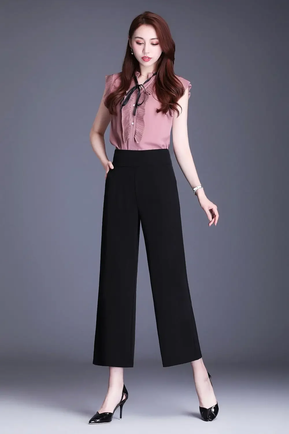 2025 New Elegant Wide Leg Red Pants Women Casual High Waist Elastic Solid Korean OL Fashion Straight Trousers Black Outfits