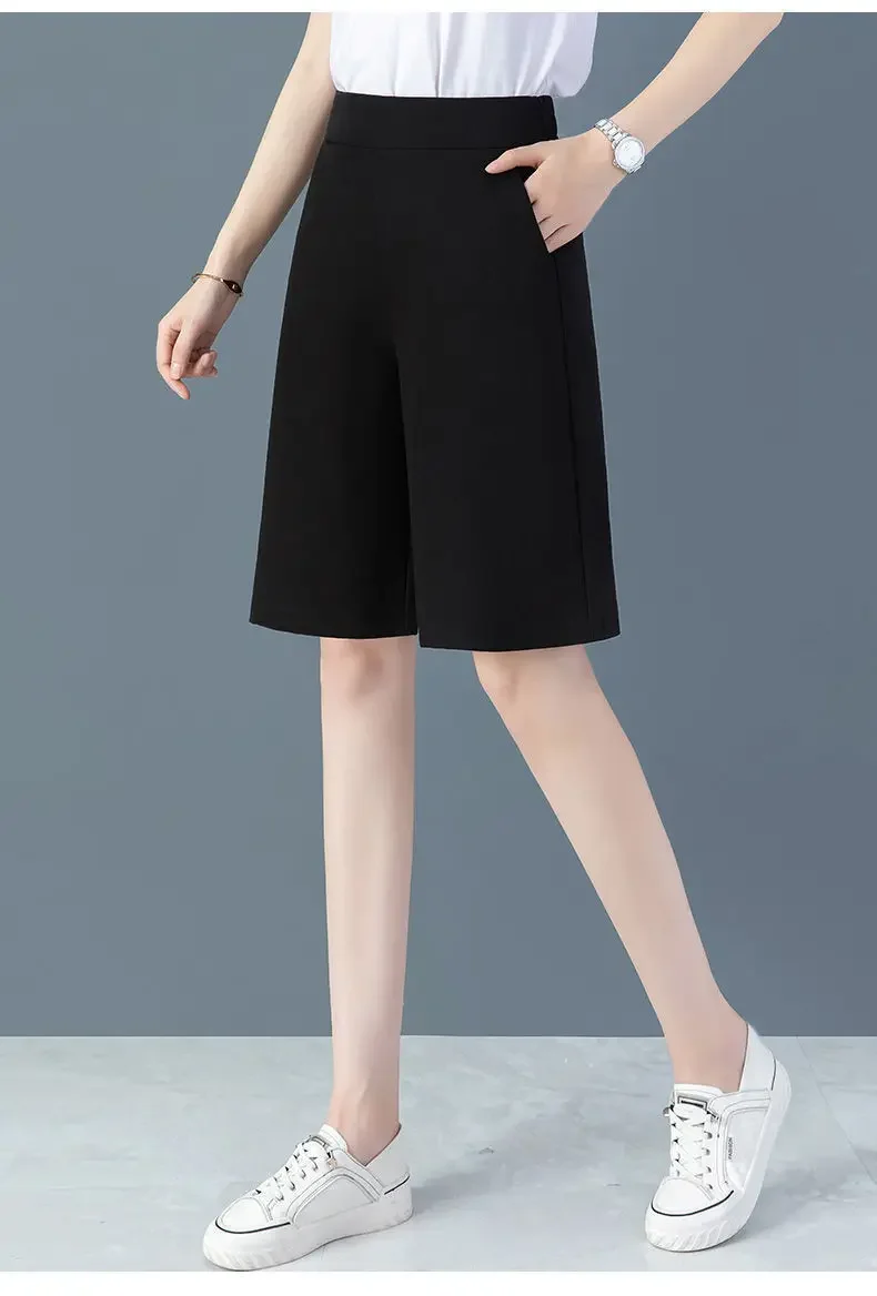 2025 New Elegant Wide Leg Red Pants Women Casual High Waist Elastic Solid Korean OL Fashion Straight Trousers Black Outfits