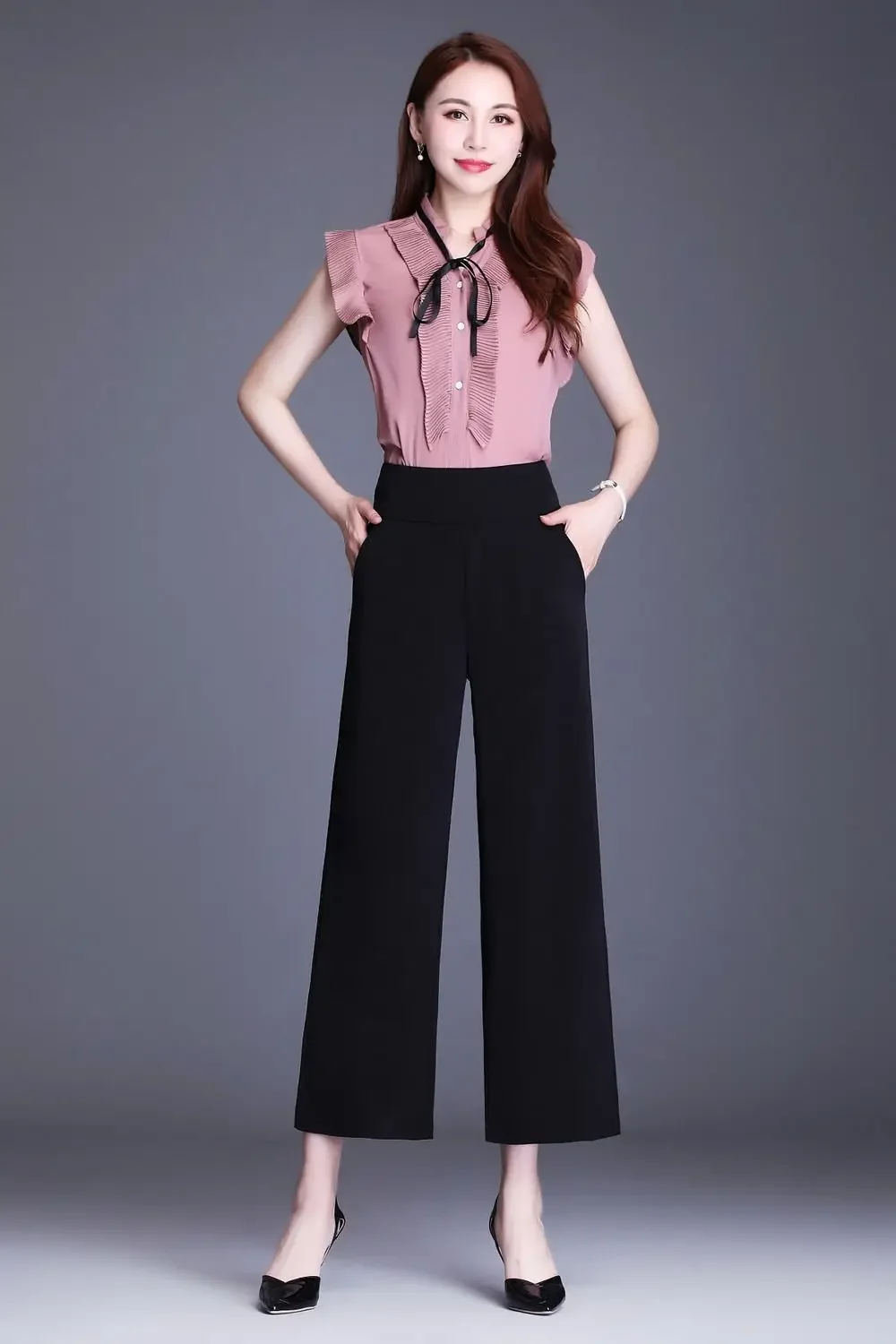 2025 New Elegant Wide Leg Red Pants Women Casual High Waist Elastic Solid Korean OL Fashion Straight Trousers Black Outfits