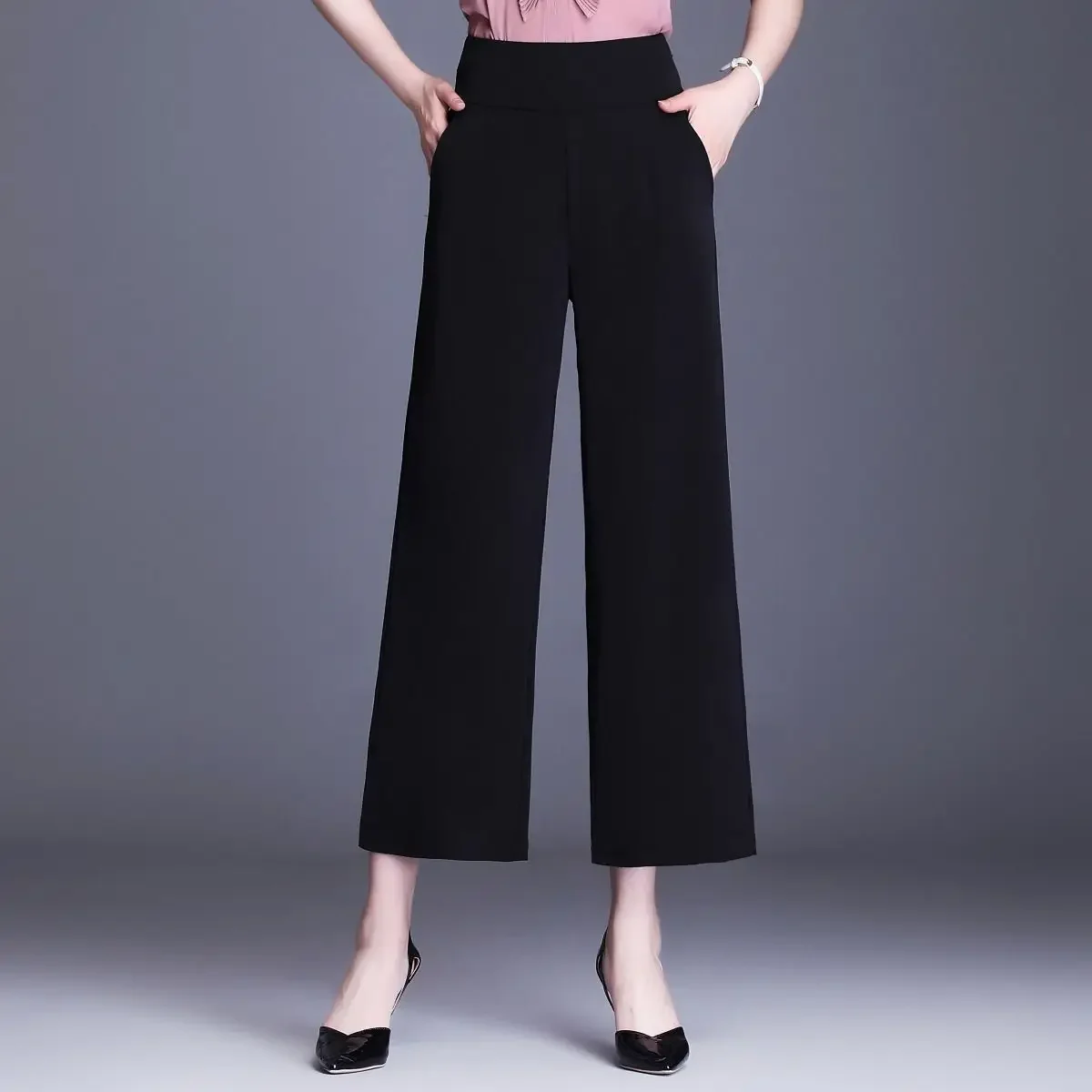 2025 New Elegant Wide Leg Red Pants Women Casual High Waist Elastic Solid Korean OL Fashion Straight Trousers Black Outfits
