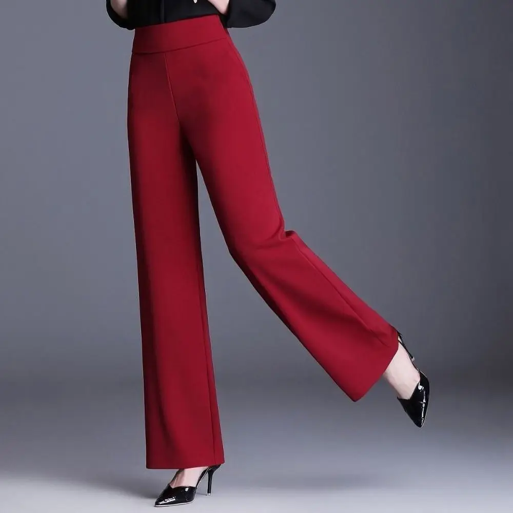 2025 New Elegant Wide Leg Red Pants Women Casual High Waist Elastic Solid Korean OL Fashion Straight Trousers Black Outfits