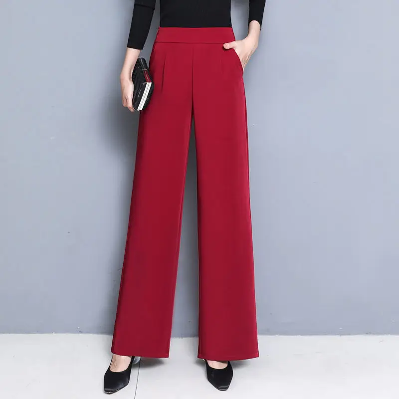 2025 New Elegant Wide Leg Red Pants Women Casual High Waist Elastic Solid Korean OL Fashion Straight Trousers Black Outfits