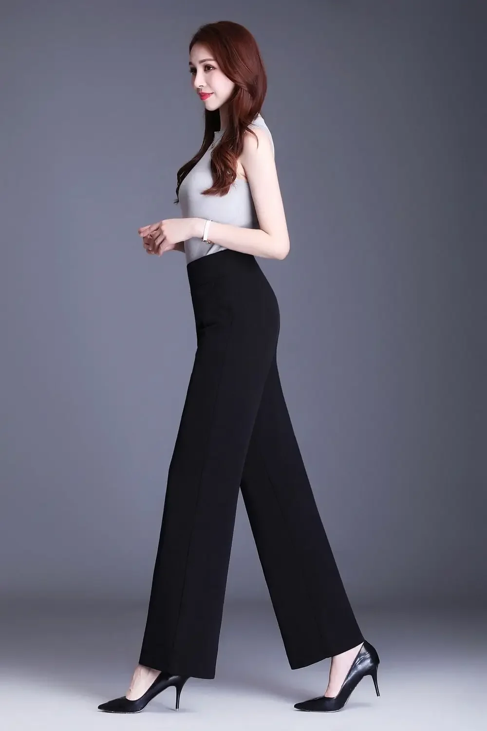 2025 New Elegant Wide Leg Red Pants Women Casual High Waist Elastic Solid Korean OL Fashion Straight Trousers Black Outfits