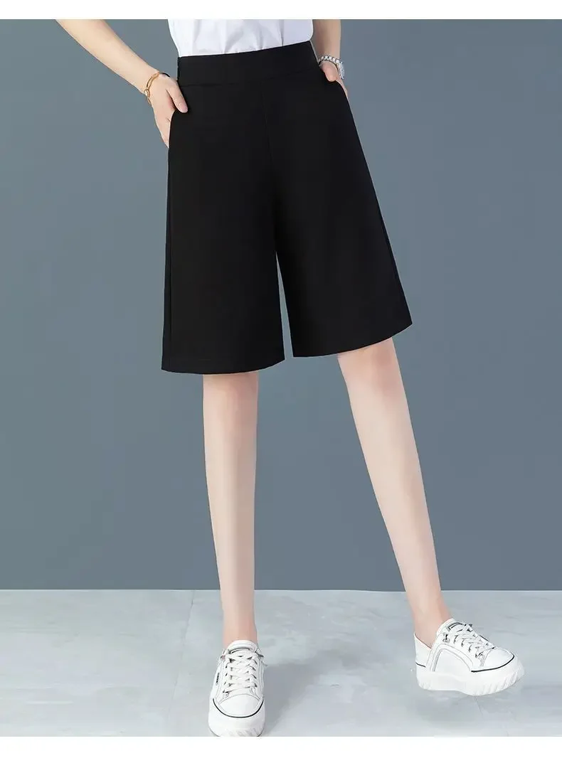 2025 New Elegant Wide Leg Red Pants Women Casual High Waist Elastic Solid Korean OL Fashion Straight Trousers Black Outfits