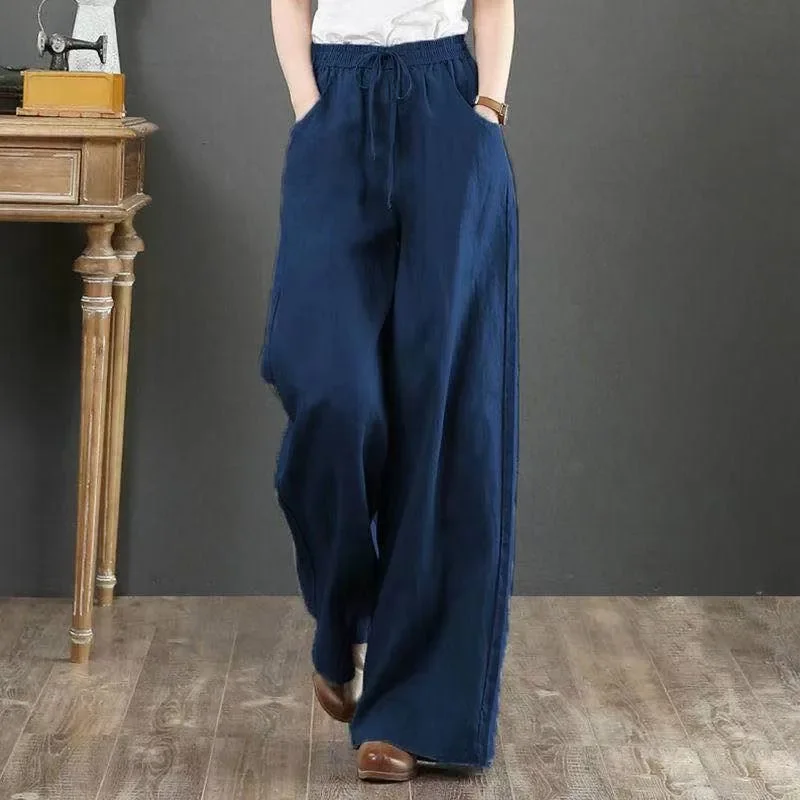 Women Retro Tai Chi Loose Wide Leg Pants Casual Cotton Linen High Waist Pants Mopping Straight Trousers Daily Wear Streetwear