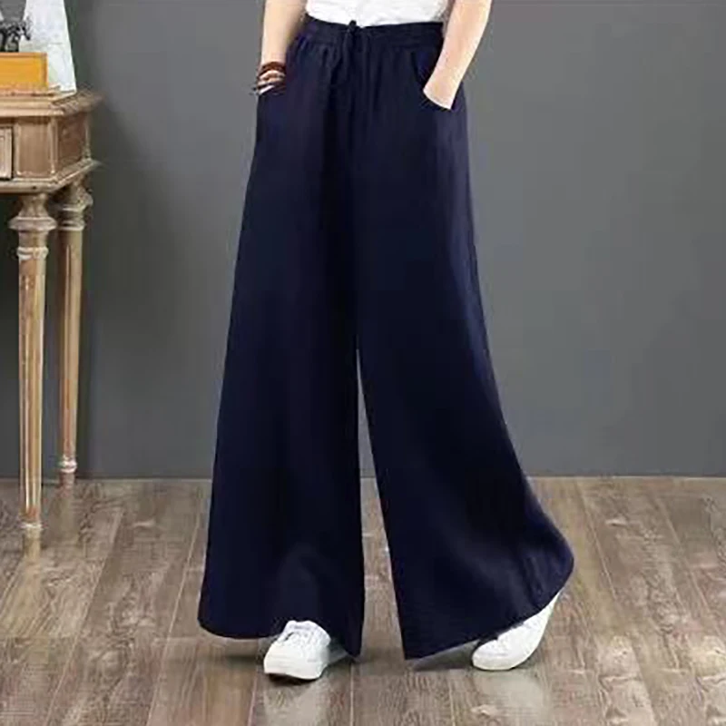 Women Retro Tai Chi Loose Wide Leg Pants Casual Cotton Linen High Waist Pants Mopping Straight Trousers Daily Wear Streetwear