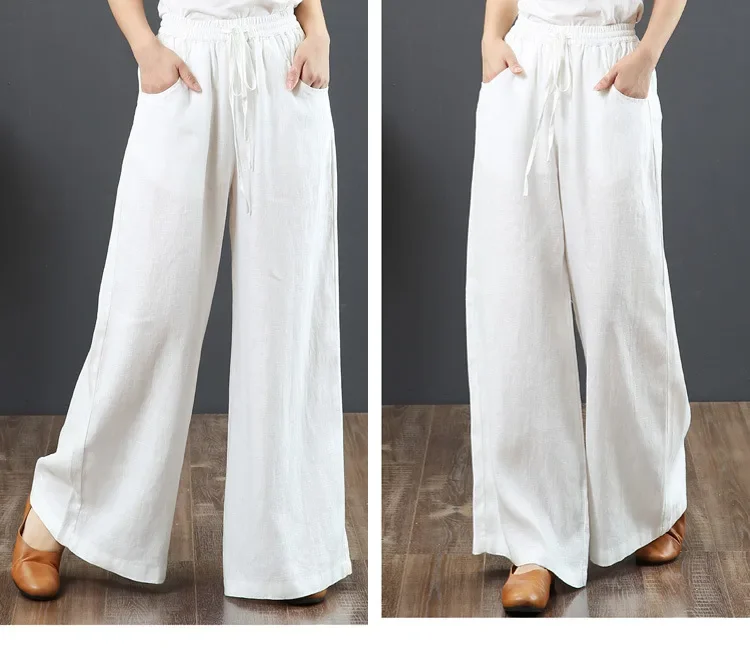 Women Retro Tai Chi Loose Wide Leg Pants Casual Cotton Linen High Waist Pants Mopping Straight Trousers Daily Wear Streetwear