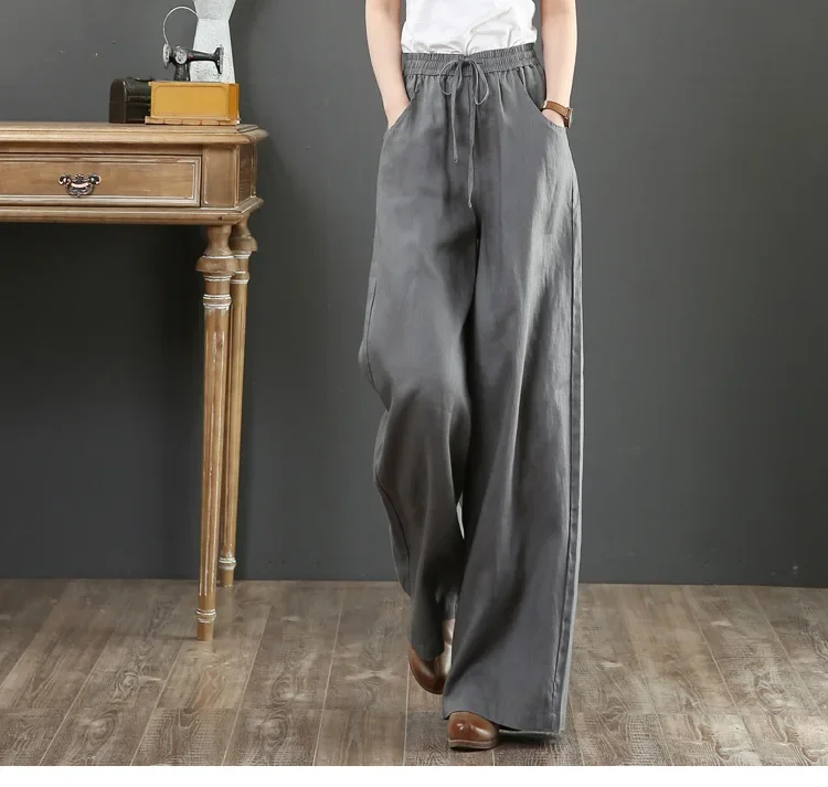 Women Retro Tai Chi Loose Wide Leg Pants Casual Cotton Linen High Waist Pants Mopping Straight Trousers Daily Wear Streetwear