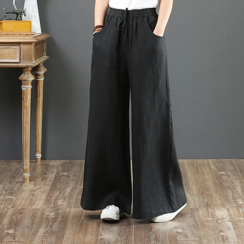 Women Retro Tai Chi Loose Wide Leg Pants Casual Cotton Linen High Waist Pants Mopping Straight Trousers Daily Wear Streetwear