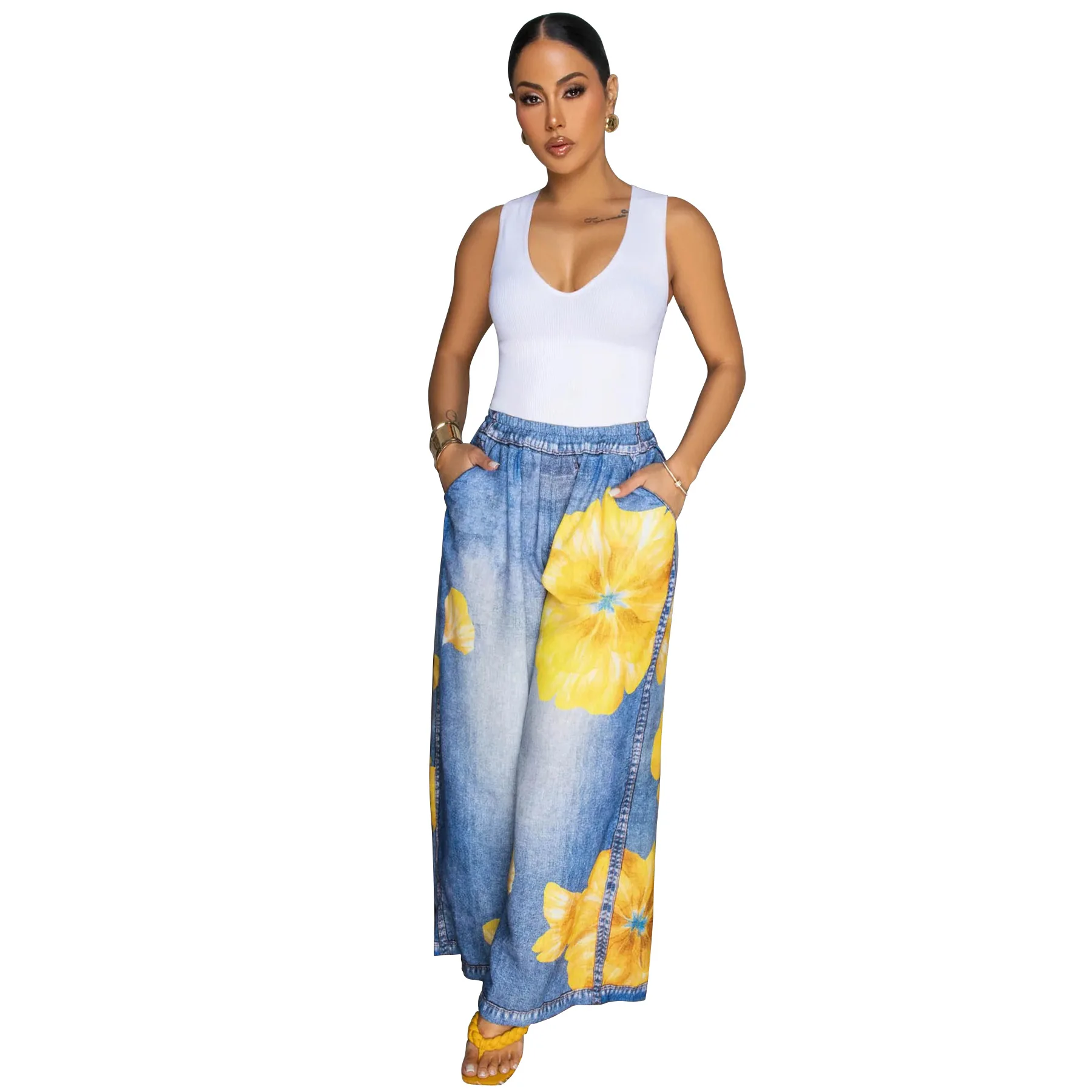 CM.YAYA Fashion Women Fake Denim 3D floral Print Loose Wide Leg Jogger Pants 2025 Streetwear  Active Hip Hop Sweatpants Trousers