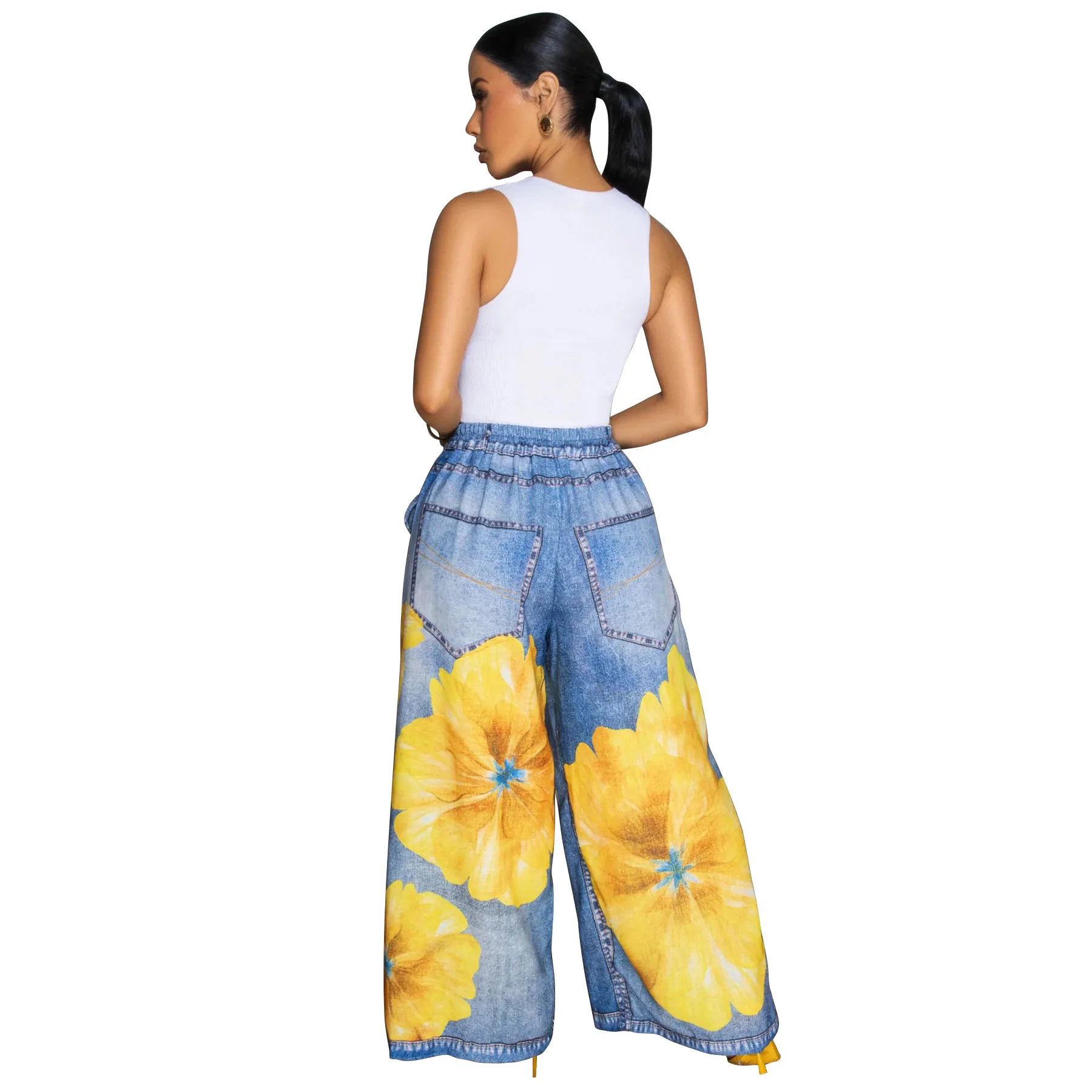CM.YAYA Fashion Women Fake Denim 3D floral Print Loose Wide Leg Jogger Pants 2025 Streetwear  Active Hip Hop Sweatpants Trousers
