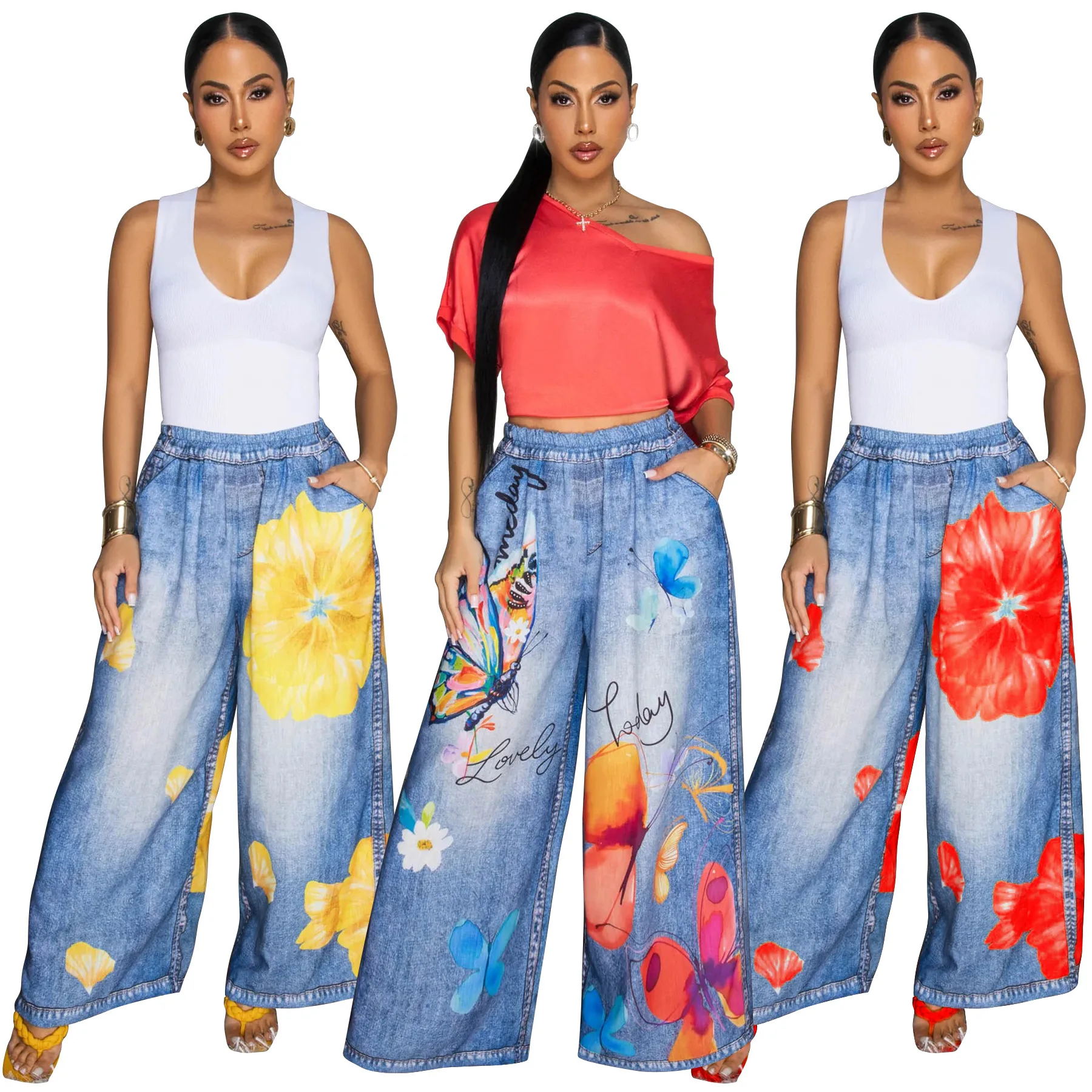 CM.YAYA Fashion Women Fake Denim 3D floral Print Loose Wide Leg Jogger Pants 2025 Streetwear  Active Hip Hop Sweatpants Trousers