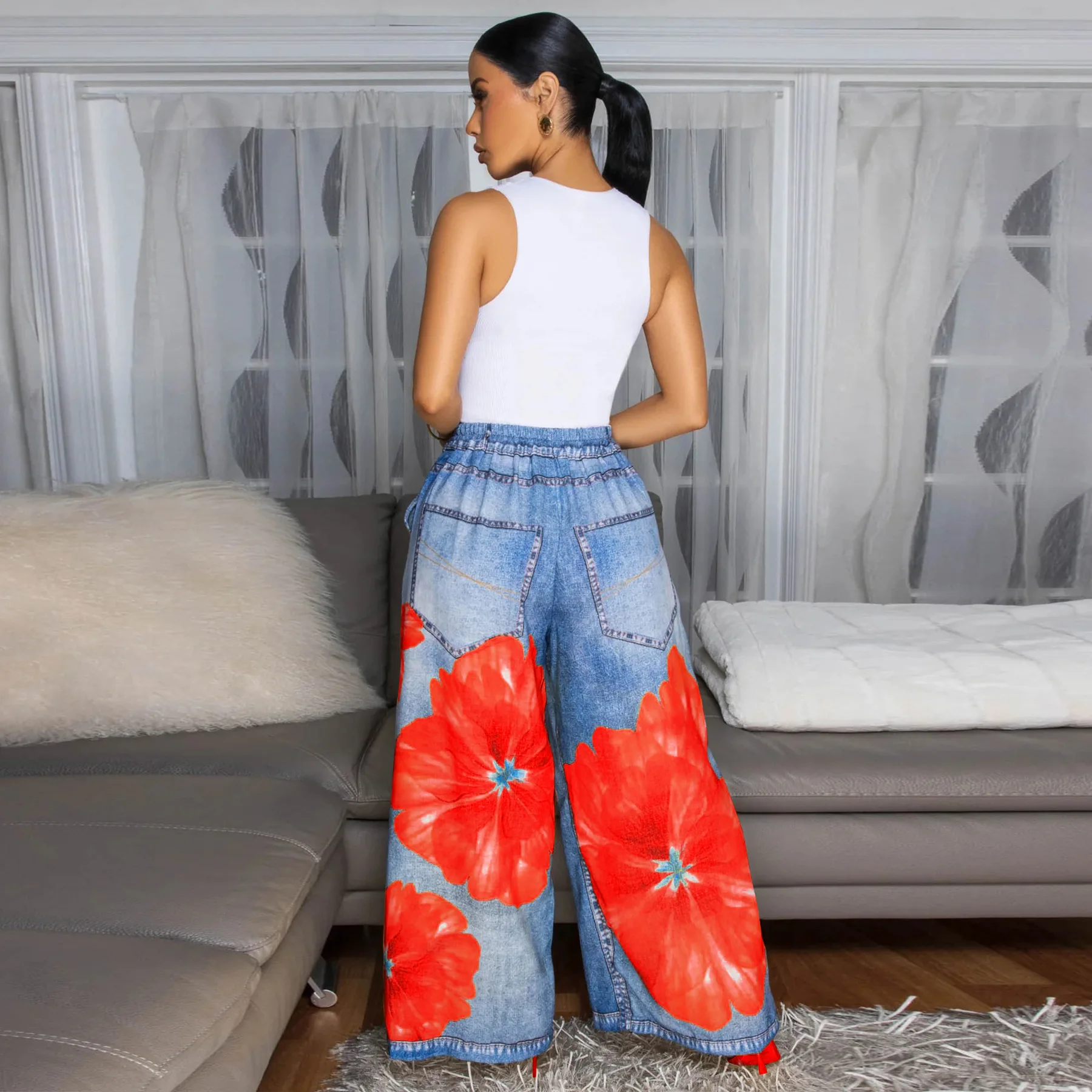 CM.YAYA Fashion Women Fake Denim 3D floral Print Loose Wide Leg Jogger Pants 2025 Streetwear  Active Hip Hop Sweatpants Trousers
