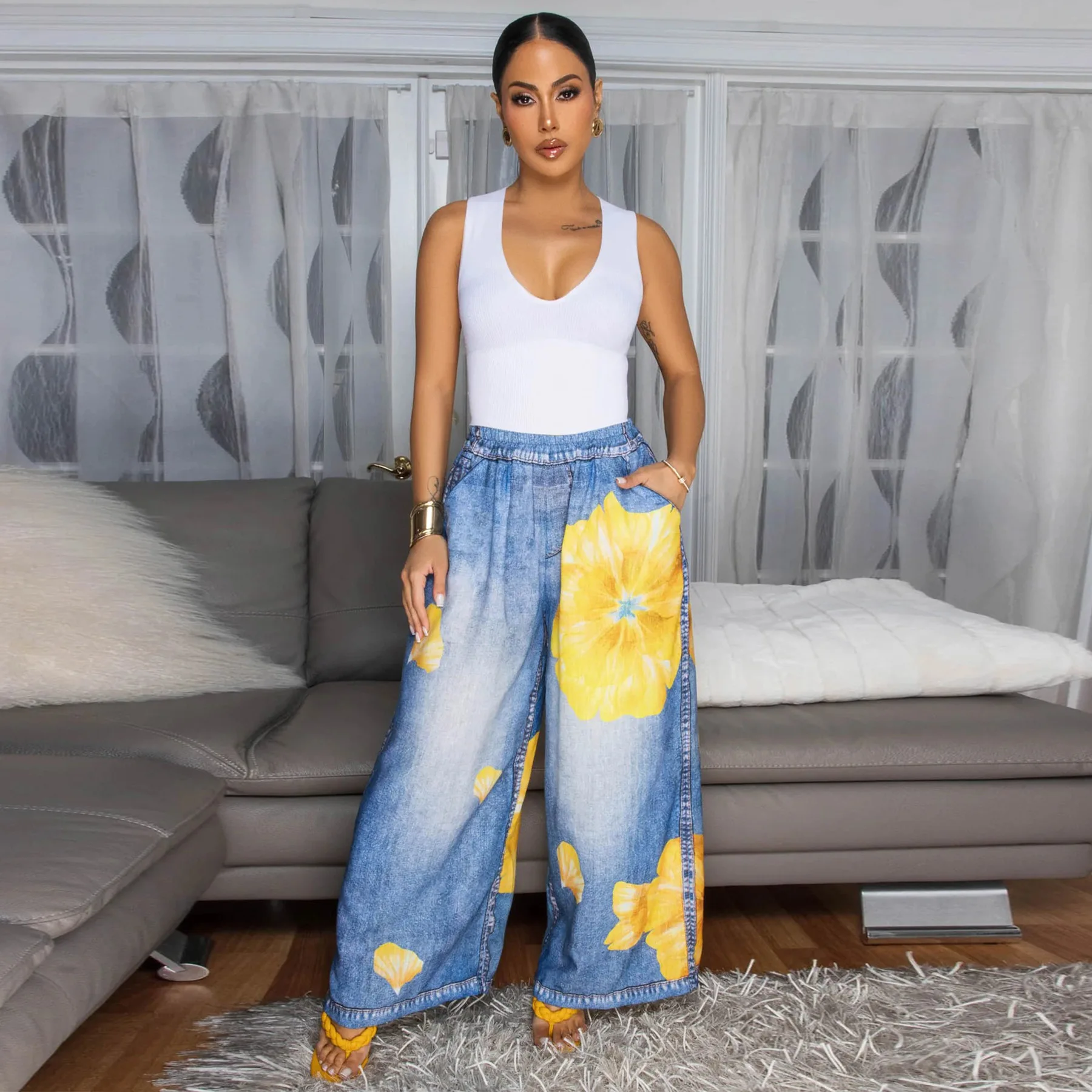CM.YAYA Fashion Women Fake Denim 3D floral Print Loose Wide Leg Jogger Pants 2025 Streetwear  Active Hip Hop Sweatpants Trousers