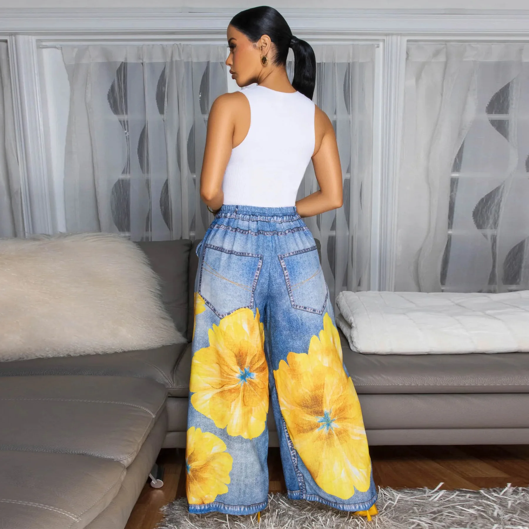 CM.YAYA Fashion Women Fake Denim 3D floral Print Loose Wide Leg Jogger Pants 2025 Streetwear  Active Hip Hop Sweatpants Trousers