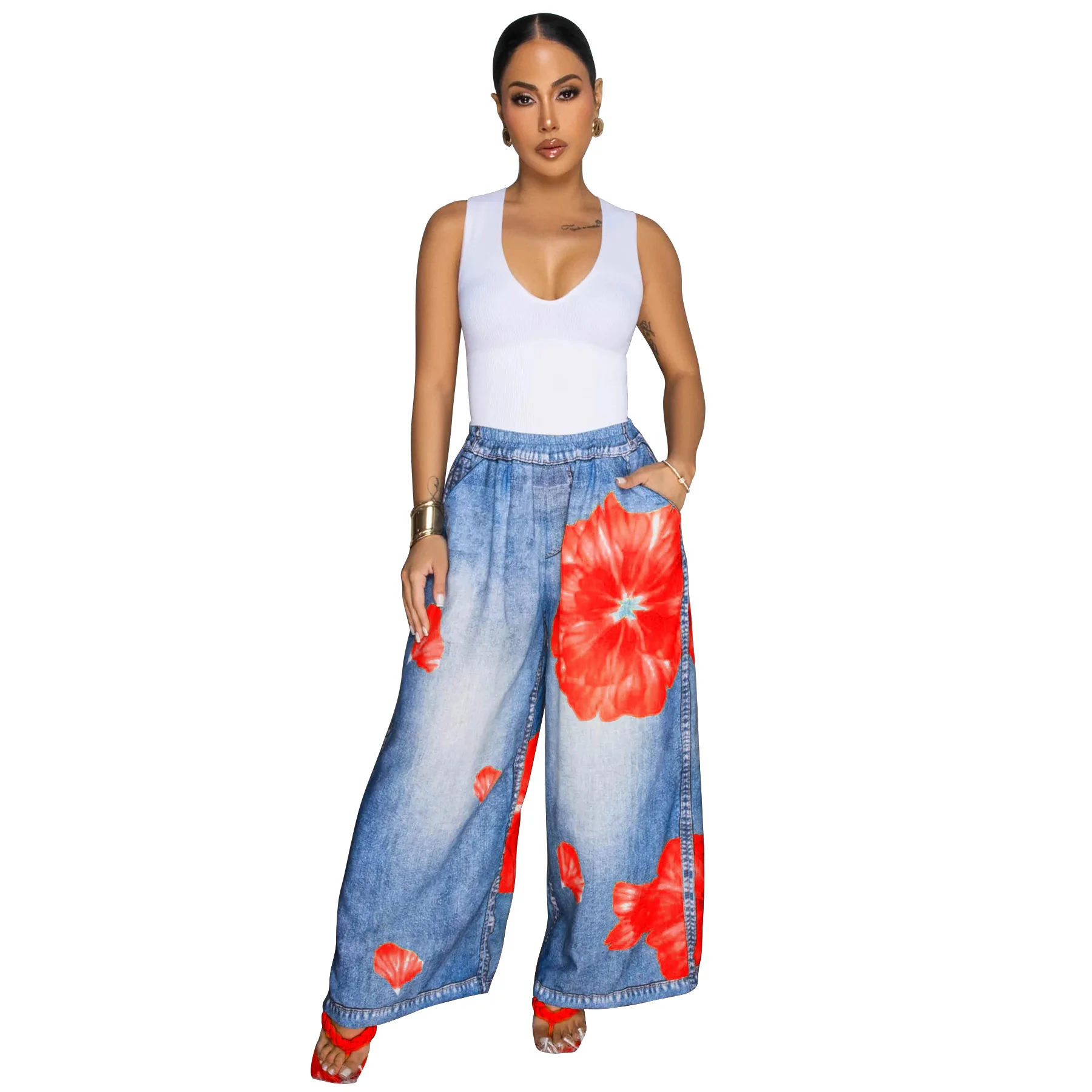 CM.YAYA Fashion Women Fake Denim 3D floral Print Loose Wide Leg Jogger Pants 2025 Streetwear  Active Hip Hop Sweatpants Trousers