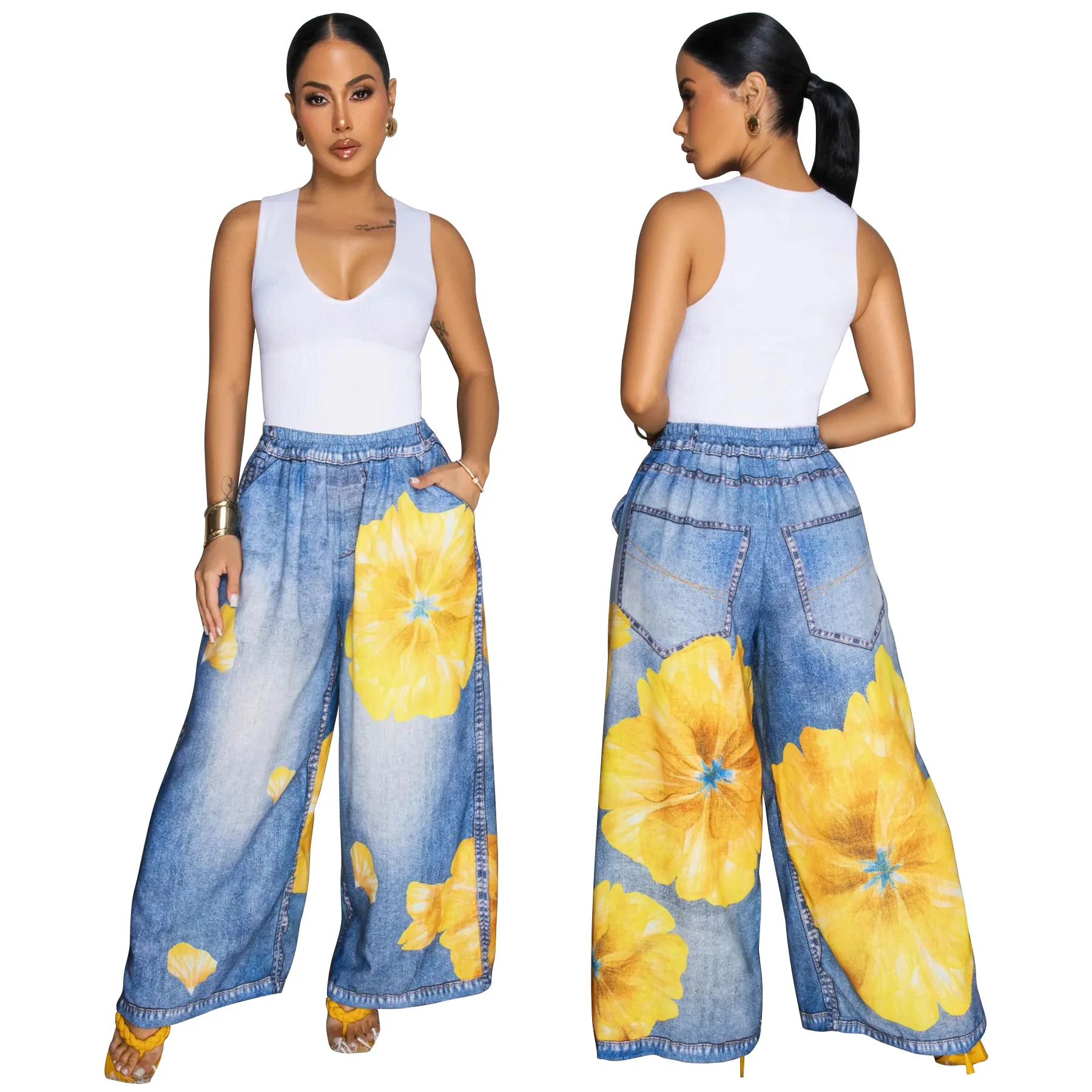 CM.YAYA Fashion Women Fake Denim 3D floral Print Loose Wide Leg Jogger Pants 2025 Streetwear  Active Hip Hop Sweatpants Trousers