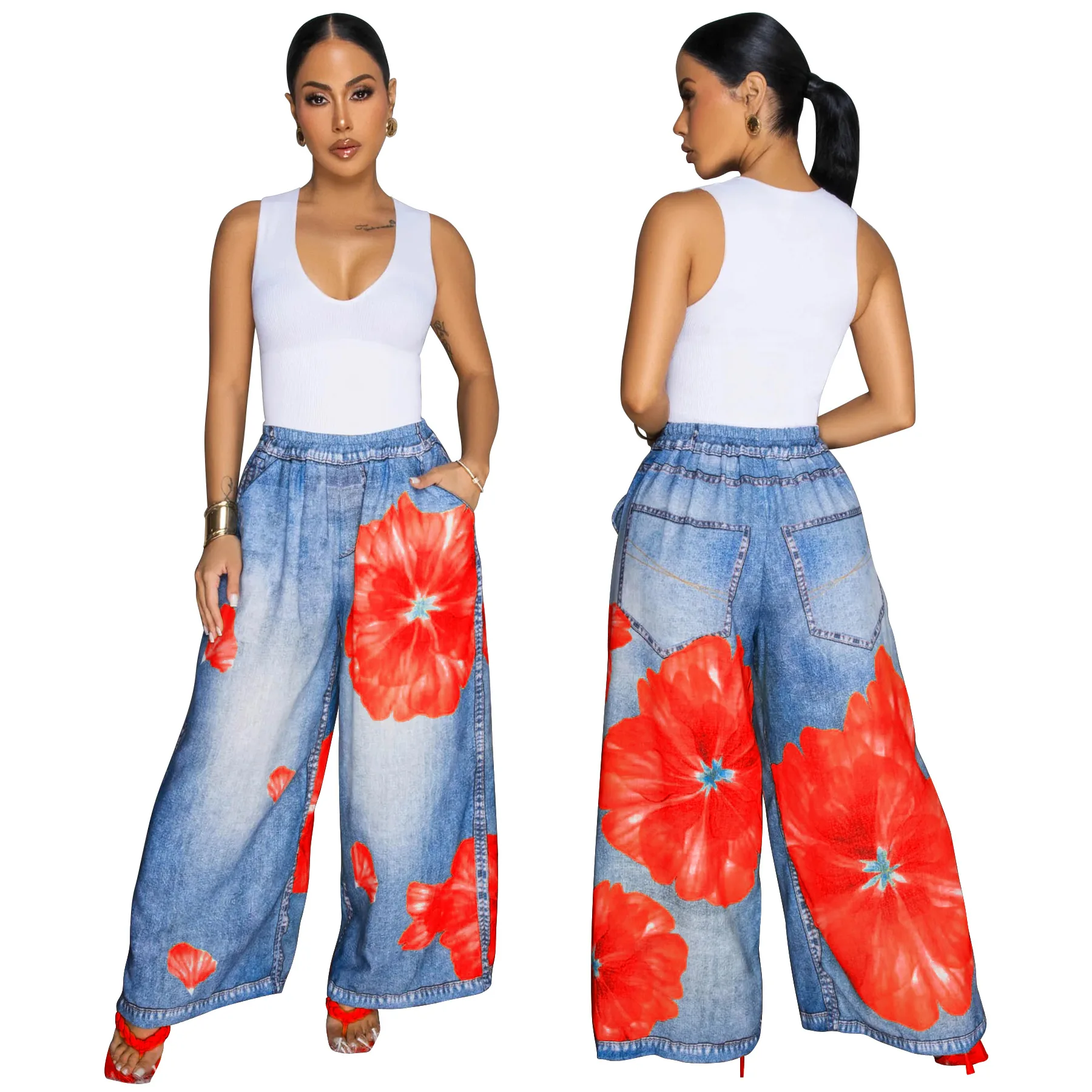 CM.YAYA Fashion Women Fake Denim 3D floral Print Loose Wide Leg Jogger Pants 2025 Streetwear  Active Hip Hop Sweatpants Trousers
