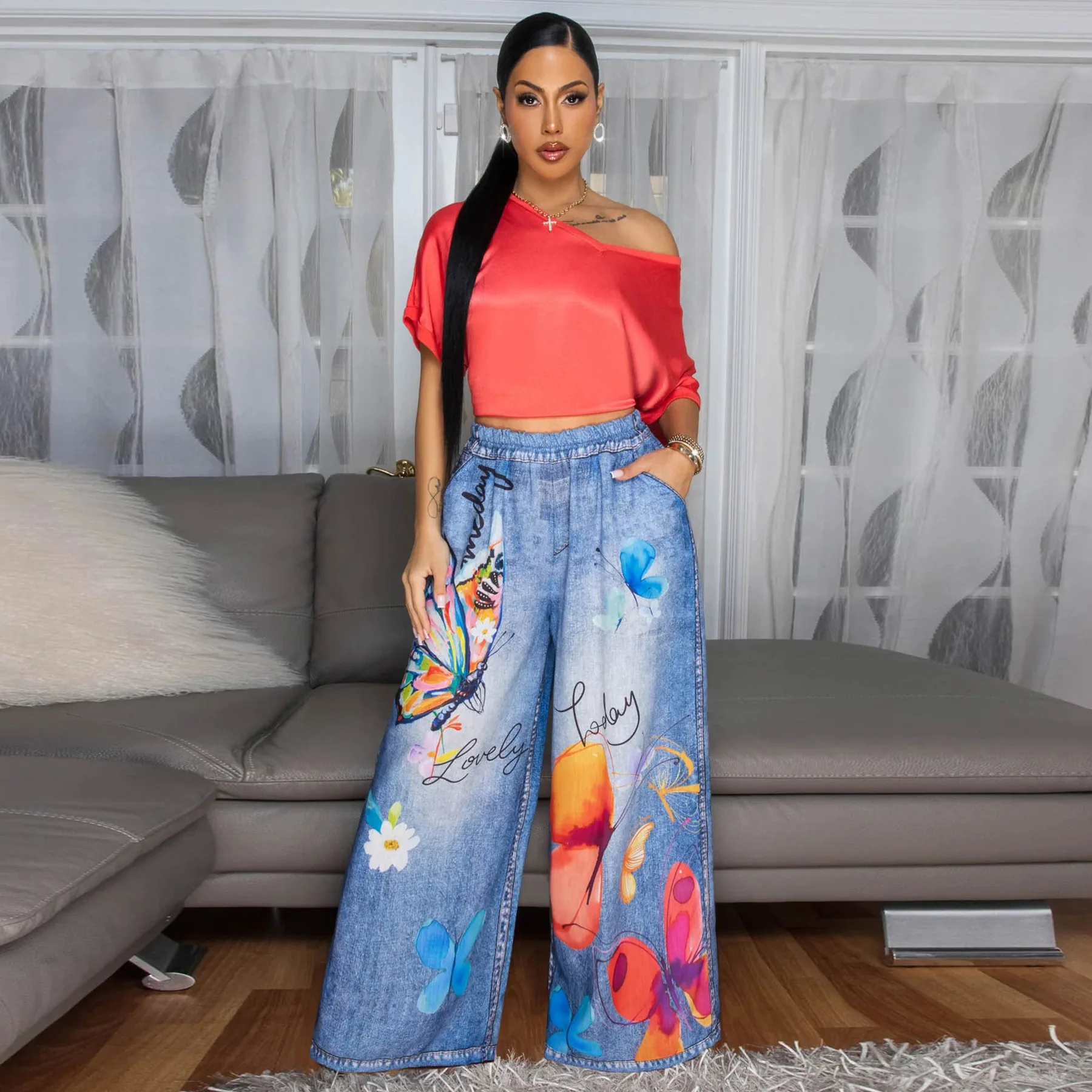 CM.YAYA Fashion Women Fake Denim 3D floral Print Loose Wide Leg Jogger Pants 2025 Streetwear  Active Hip Hop Sweatpants Trousers