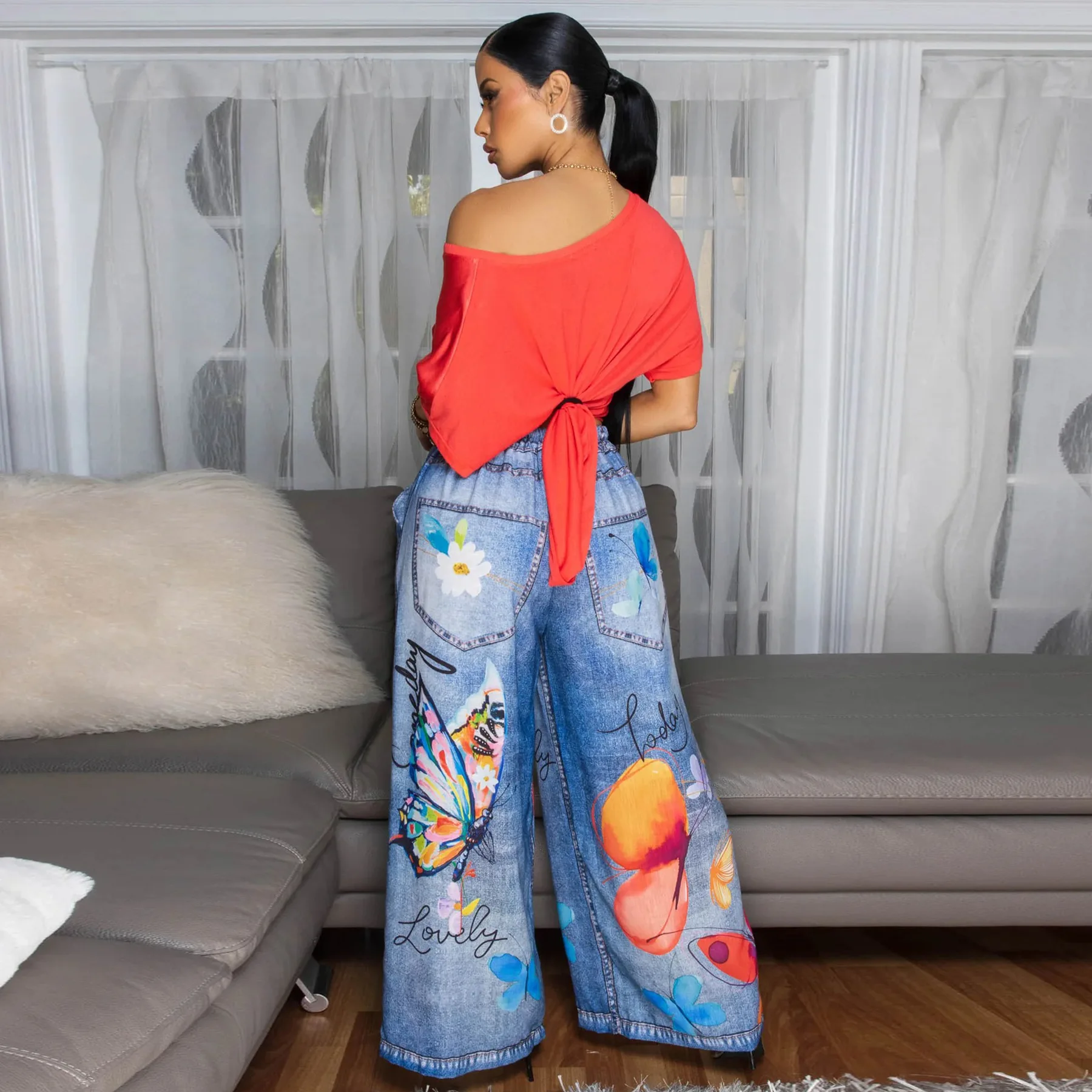 CM.YAYA Fashion Women Fake Denim 3D floral Print Loose Wide Leg Jogger Pants 2025 Streetwear  Active Hip Hop Sweatpants Trousers
