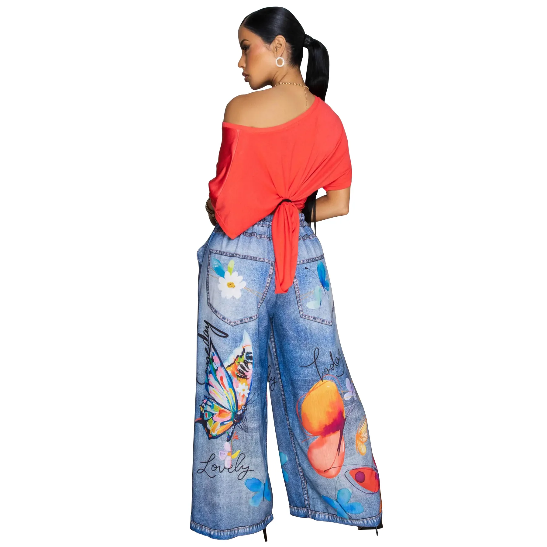 CM.YAYA Fashion Women Fake Denim 3D floral Print Loose Wide Leg Jogger Pants 2025 Streetwear  Active Hip Hop Sweatpants Trousers
